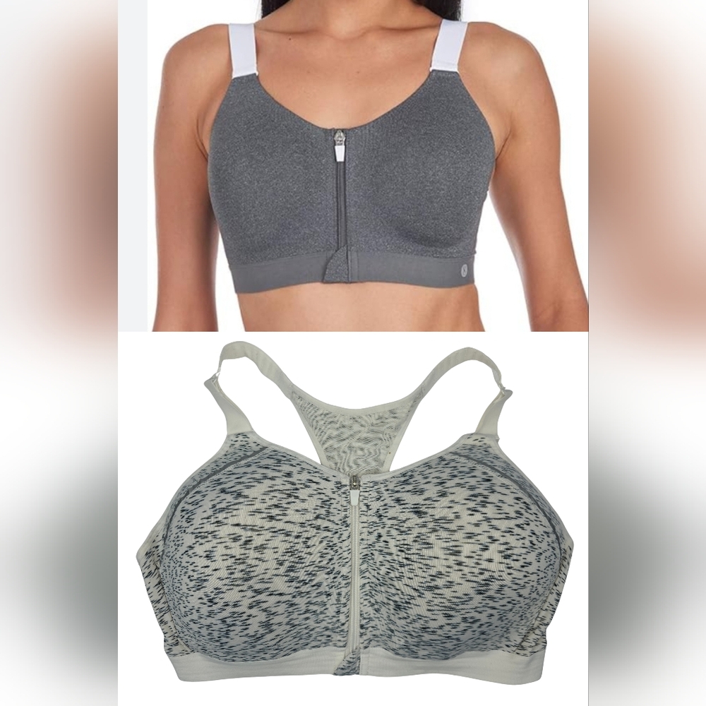 Layer 8 Front-Zip 2X Sports Bra Maximum Support Gray Print 3392-Z